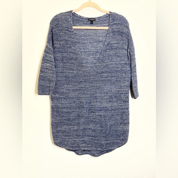 Express Blue Marl V-Neck Sweater Size Small Cotton Oversized - Picture 1 of 14